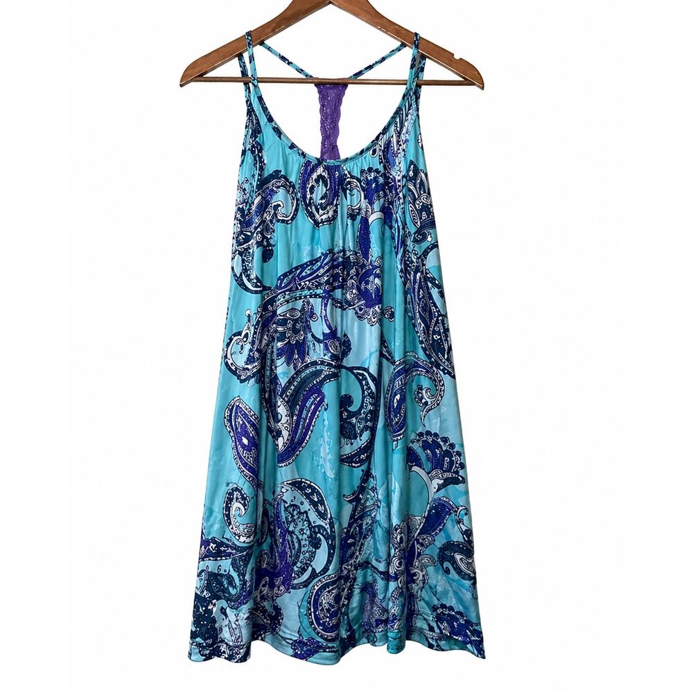 Linea Donatella Chemise Nightgown Medium Blue Paisley Spaghetti Strap